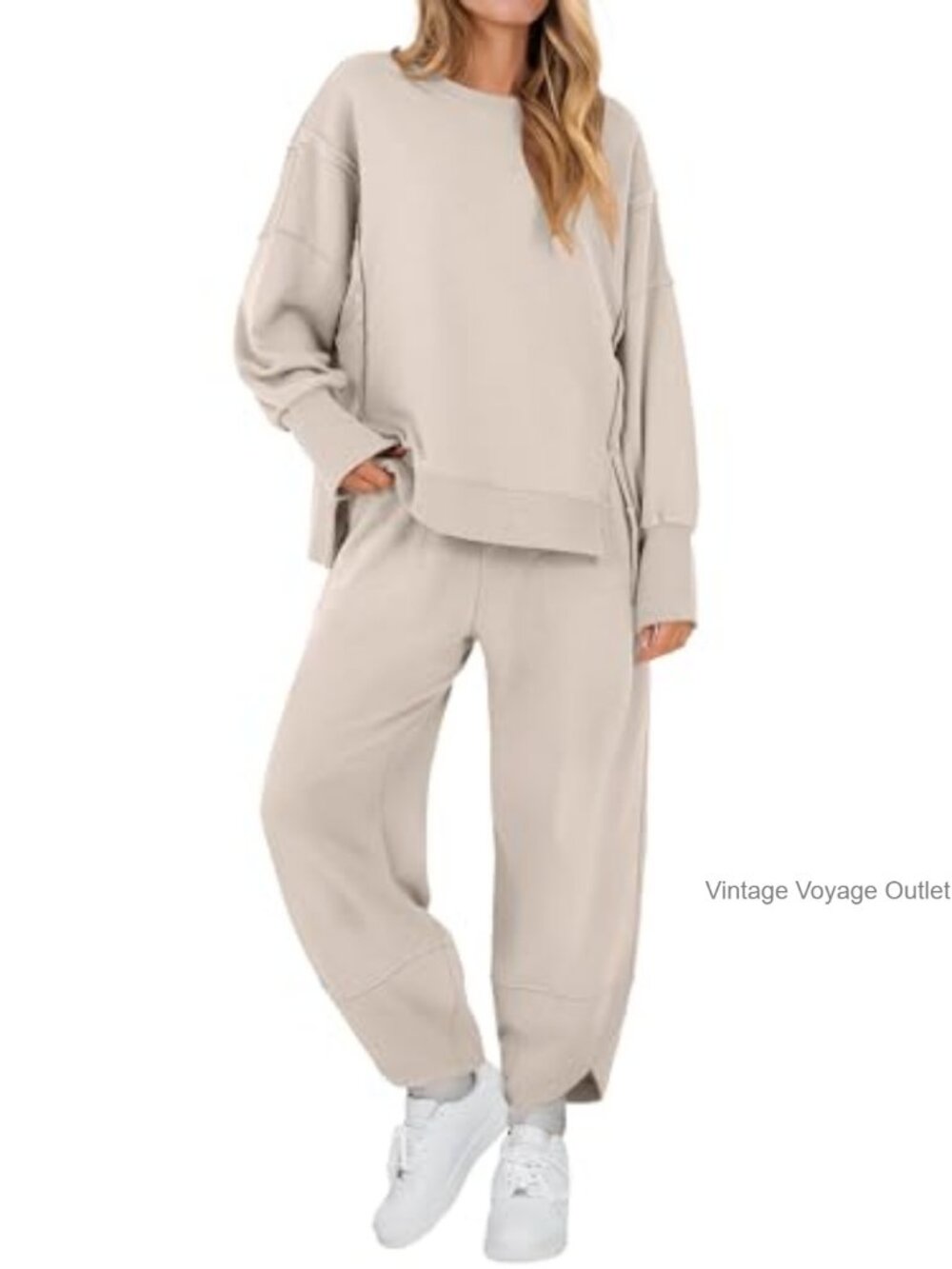 Women's Oversized Two Piece Set Long Sleeve Crew Neck Top & Barrel Pants